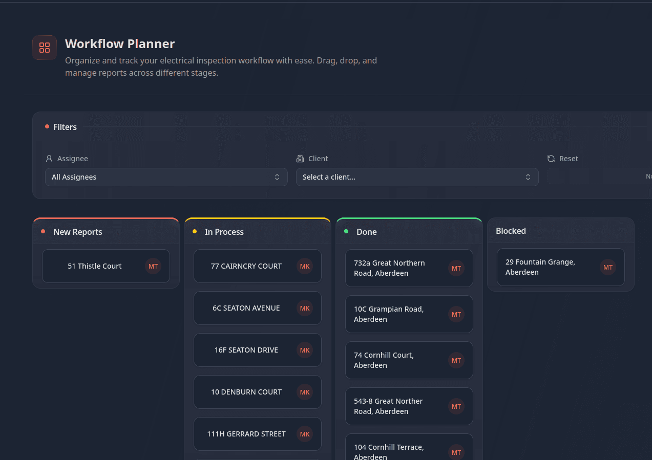 TestFast planner showing scheduled electrical jobs